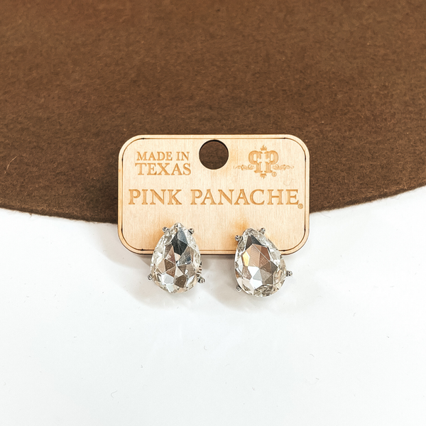 Pink Panache | Teardrop Clear Crystal Post Earrings in a Silver Setting