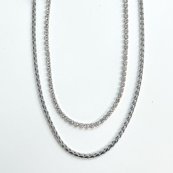 Double Layered Braid Chain Necklace with Rhinestones in Silver