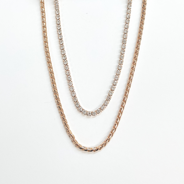 Double Layered Braid Chain Necklace with Rhinestones in Gold