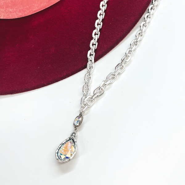 Pink Panache | Chunky Chain Necklace with AB Crystal Teardrop and Small AB Cushion Cut Connector in Silver