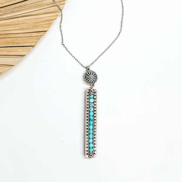 Friendly Ties Silver Necklace with Concho and Stone Beaded Bar Pendant in Turquoise