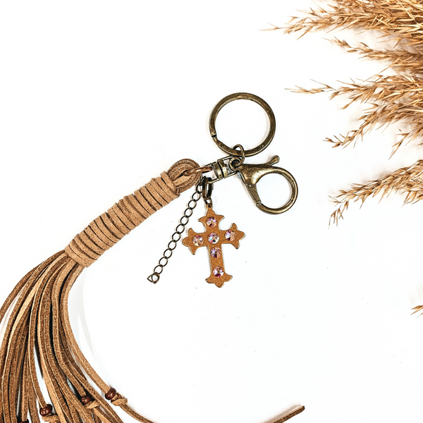 Pink Panache | Light Brown Leather Tassel Keychain with Gold Cross Charm and AB Crystals