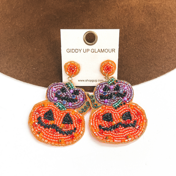 Two Tiered Seedbeaded and Crystal Pumpkin Post Earrings in Orange and Purple