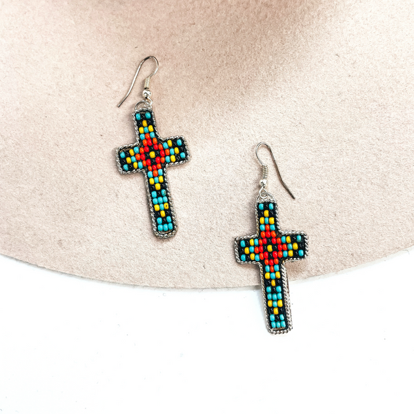 Aztec Seed Beaded Cross Earrings in Turquoise and Orange Mix