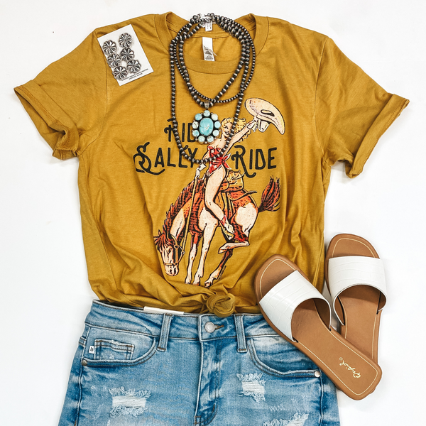 Ride Sally Ride Short Sleeve Graphic Tee in Mustard Yellow