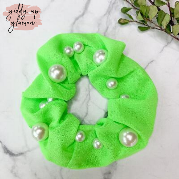 Uptown Flare Large Pearl Embroidered Hair Scrunchie in Neon Green