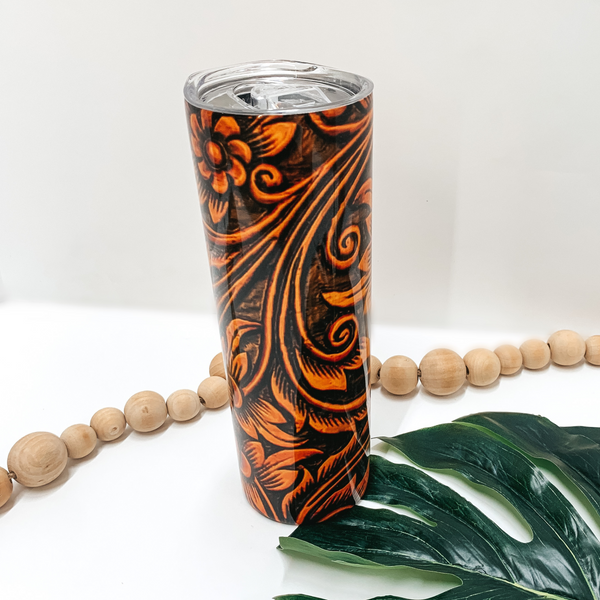 Floral Leather Tooled Print 20 Oz. Metal Cylinder Tumbler in Tan