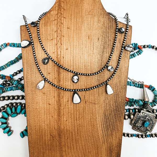 David Smith | Navajo Handmade 4mm Navajo Pearl Necklace with Five White Buffalo Stones