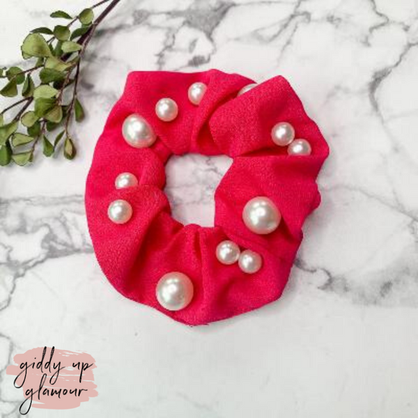 Uptown Flare Large Pearl Embroidered Hair Scrunchie in Fuchsia