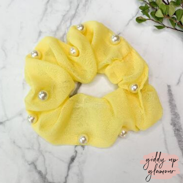Uptown Flare Pearl Embroidered Hair Scrunchie in Yellow