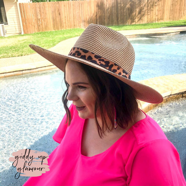 Big Bright Skies Straw Floppy Hat with Leopard Band in Tan