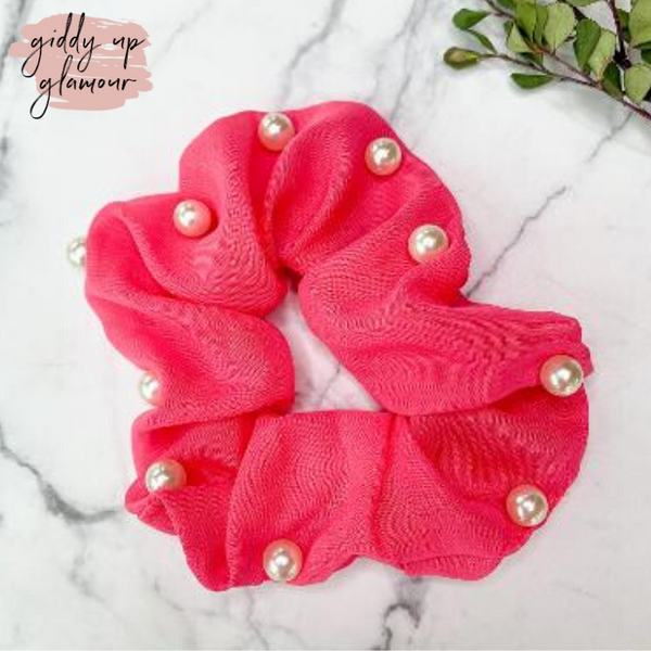 Uptown Flare Pearl Embroidered Hair Scrunchie in Fuchsia