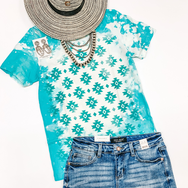 Vintage Aztec Short Sleeve Graphic Tee with Bleach Distressing in Turquoise