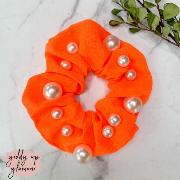 Uptown Flare Large Pearl Embroidered Hair Scrunchie in Neon Orange
