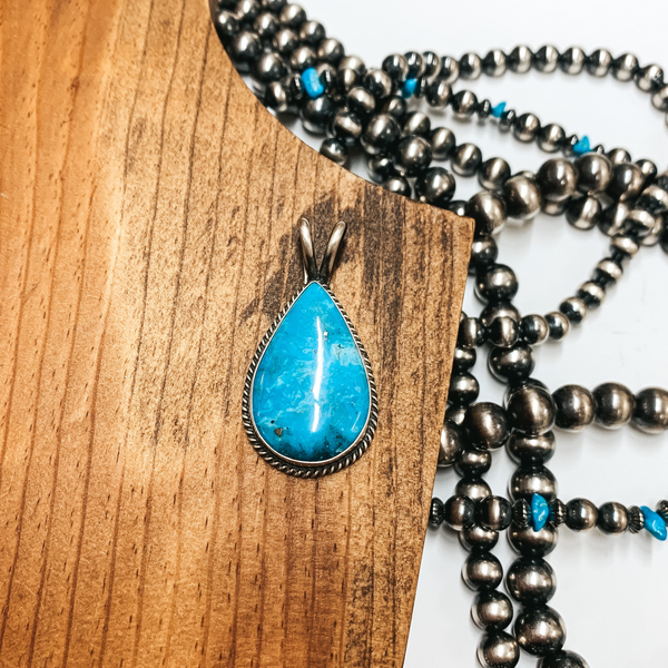 Dave Skeets | Navajo Handmade Sterling Silver and Kingman Turquoise Teardrop Pendant