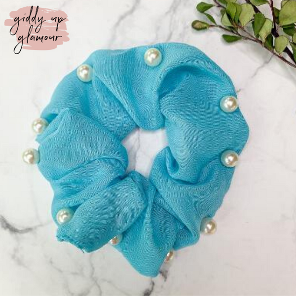 Uptown Flare Pearl Embroidered Hair Scrunchie in Blue