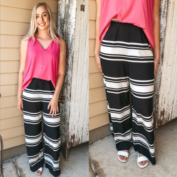Keep Up Striped Wide Leg Pants in Black and White