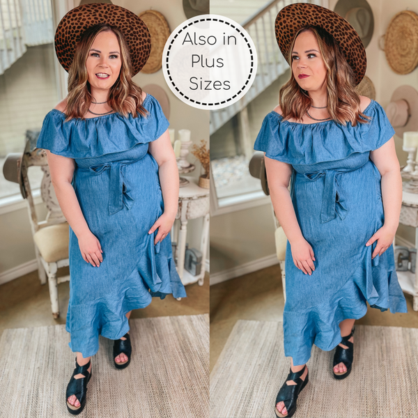 In Full Swing Off the Shoulder Denim Chambray High-Low Dress in Light Wash