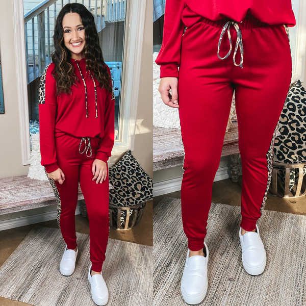 Lounge Queen Drawstring Joggers with Leopard Sides in Red
