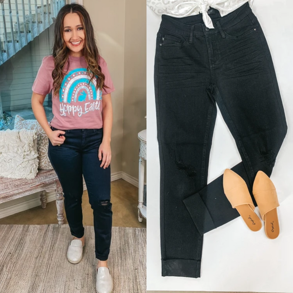 Judy Blue | Couldn't Be Me Mid Rise Destroy Knee Slim Fit Jeans in Black