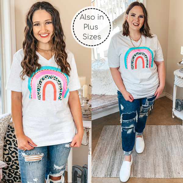 Over The Rainbow Multi Color and Leopard Rainbow Graphic Tee in Heather Grey