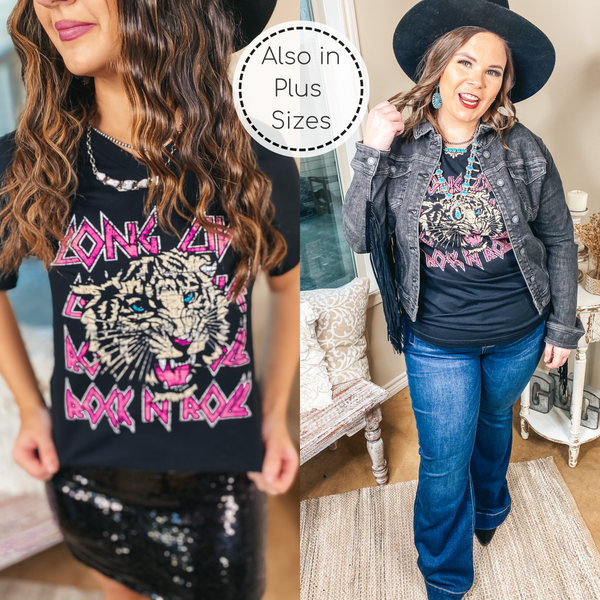 Tiger Queen Long Live Rock N' Roll Tiger V Neck Graphic Tee in Black