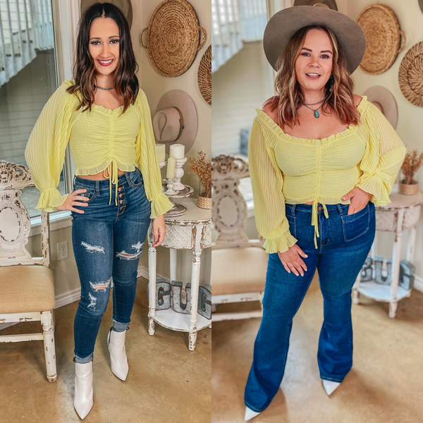 Sweet in SoCal Smocked Bodice Crop Top with Long Pleated Sleeves in Yellow