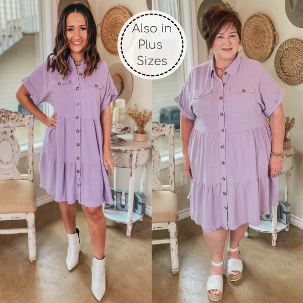 Oh Darling Ruffle Tiered Button Up Dress in Lilac Purple