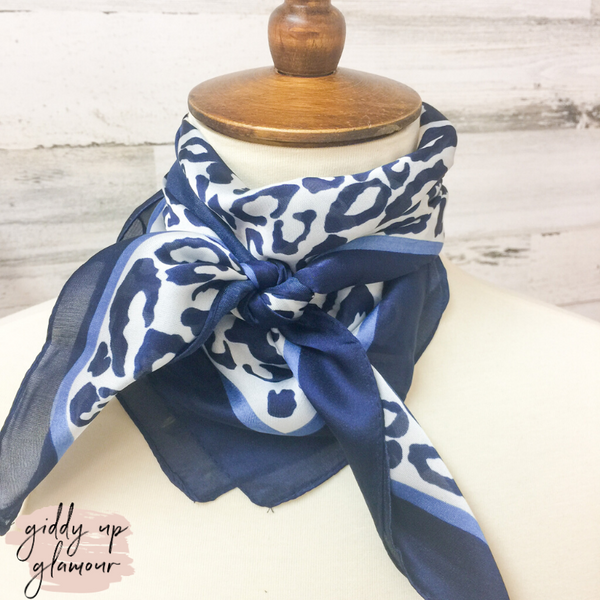 Leopard Print Silky Scarf in Navy and Blue