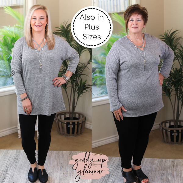 Anywhere She Goes Criss Cross Solid Sweater Top in Heather Grey