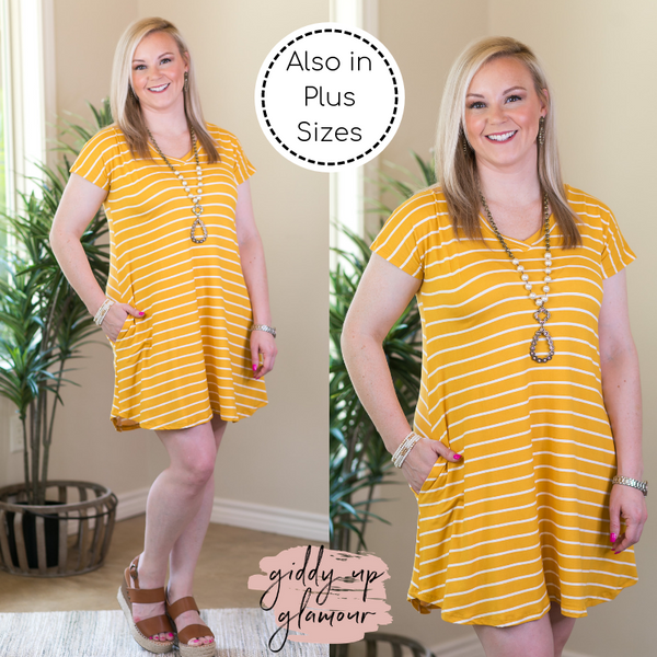 Beyond Reason Stripe Tee Shirt Dress in Mustard Yellow