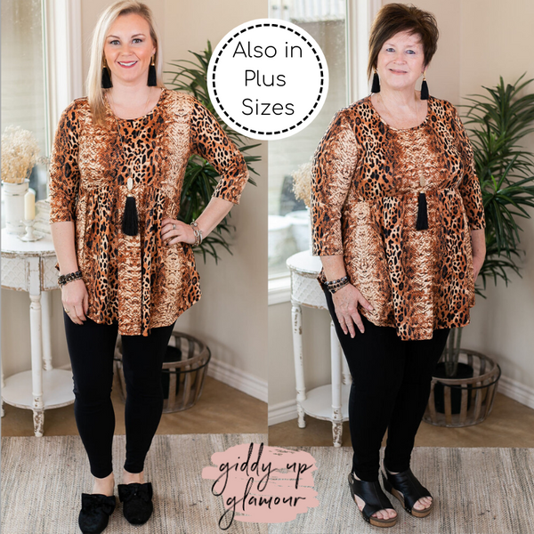 As You Wish Animal Print Baby Doll Top in Rust Red tan black leopard print and cheetah with snakeskin comfy shirt
