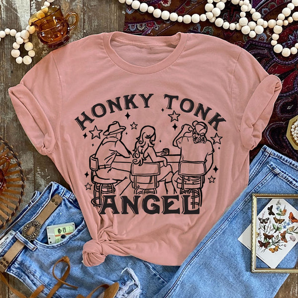 Honky Tonk Angel Short Sleeve Graphic Tee in Dusty Rose
