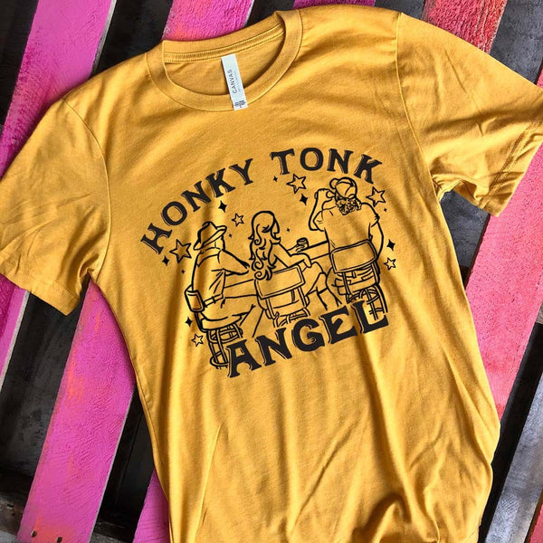 Honky Tonk Angel Short Sleeve Graphic Tee in Mustard Yellow