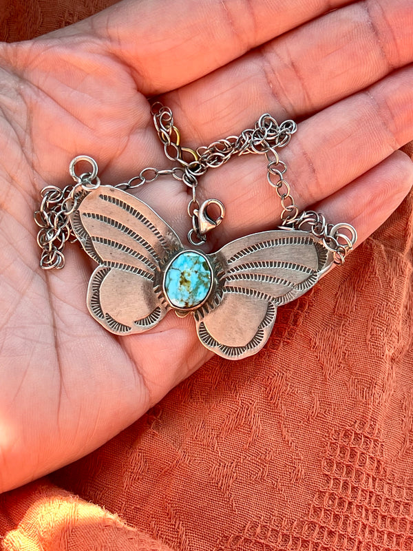 Rick Enriquez | Navajo Handmade Sterling Silver Necklace with Butterfly Pendant and Kingman Turquoise Stone