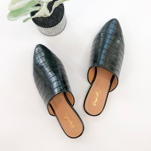 Size 5.5 & 6 | Stay Wild Crocodile Slide-In Mule Flats in Black