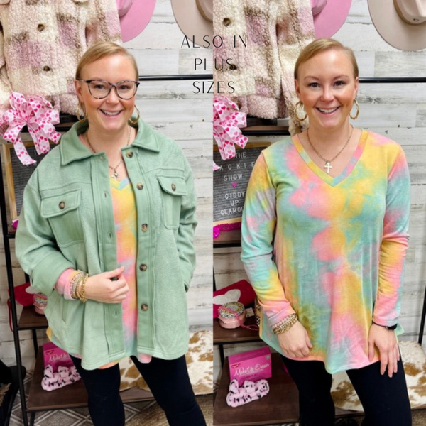 Keep Things Simple Long Sleeve Tie Dye V Neck Pullover Top in Turquoise, Mustard, and Pink