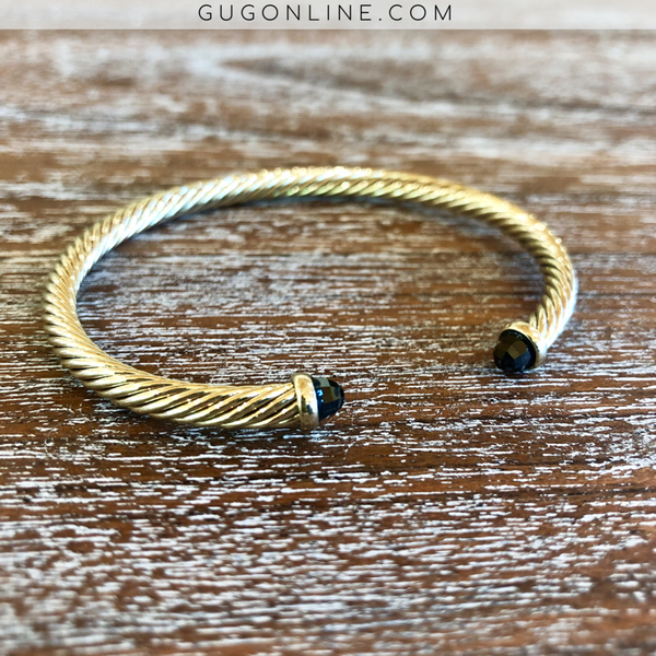 4mm Gold Cable Bracelet with Black Crystal Cabochon Ends