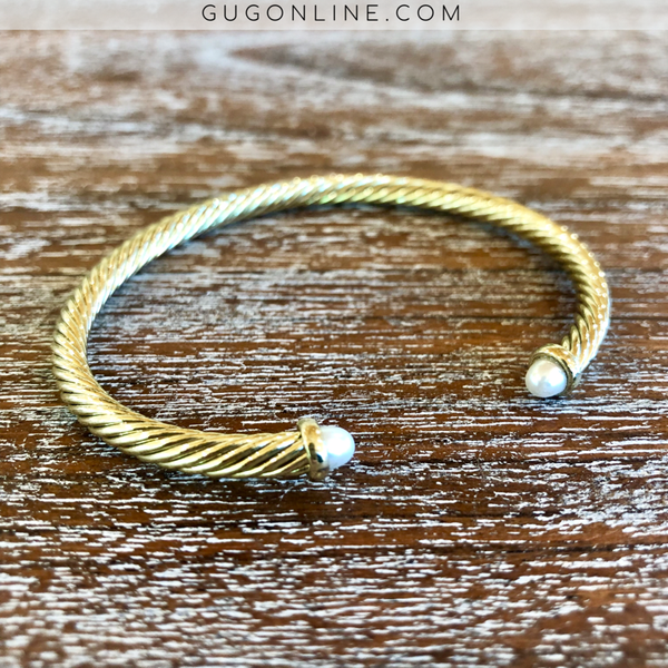4mm Gold Cable Bracelet with Pearl Cabochon Ends