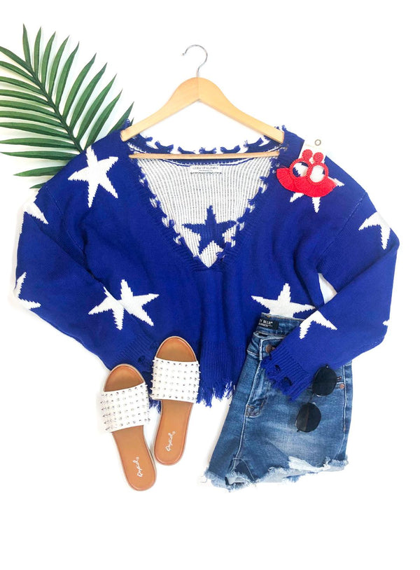 Super Star Power Crop Star Print Sweater with Frayed Edges in Royal Blue