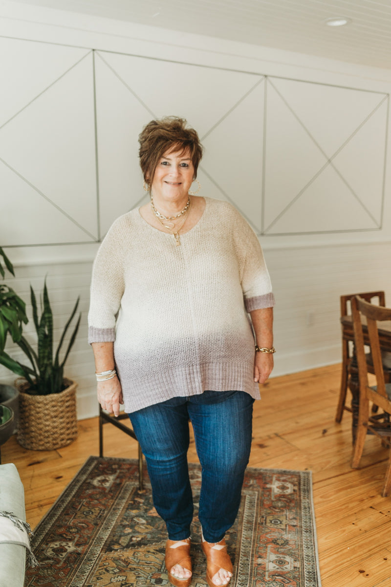 With All My Heart Oversized Knit Ombre Sweater in Mocha, Ivory, and Purple