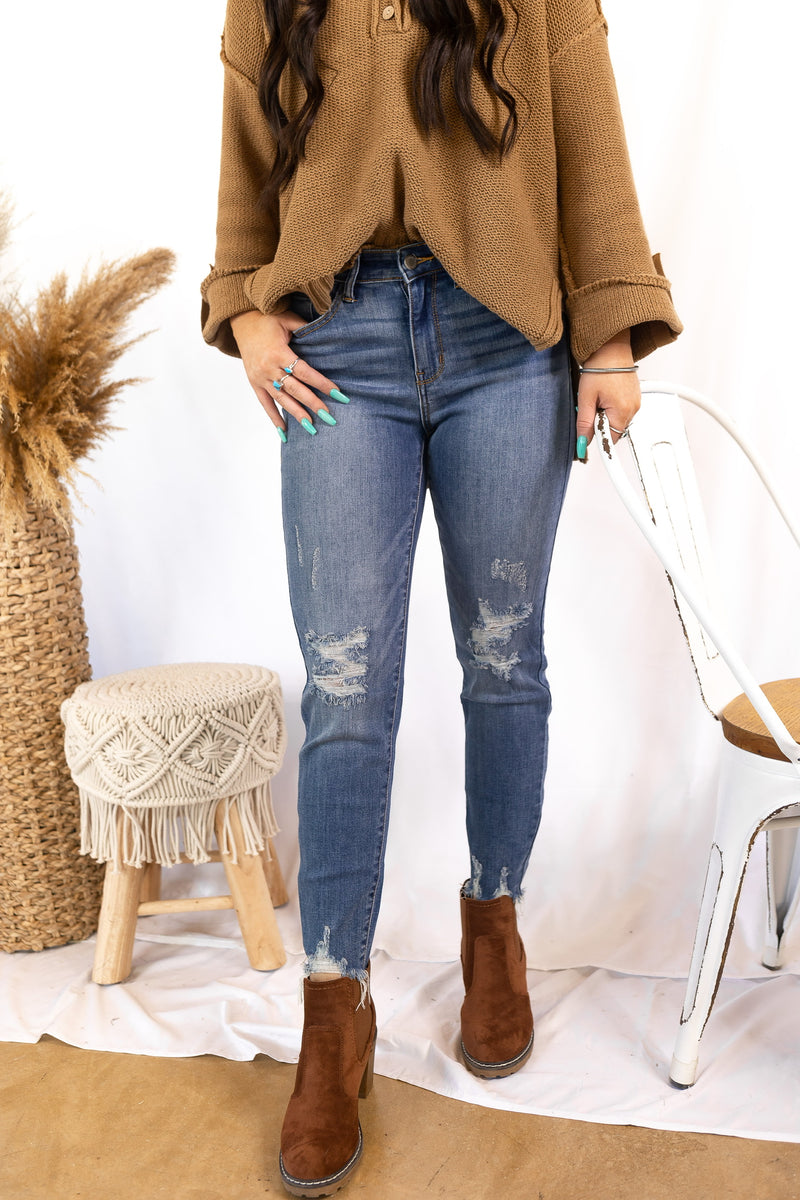 Judy Blue | Happy Mindset Destroy Knee Skinny Jeans with Frayed Hem in Medium Wash