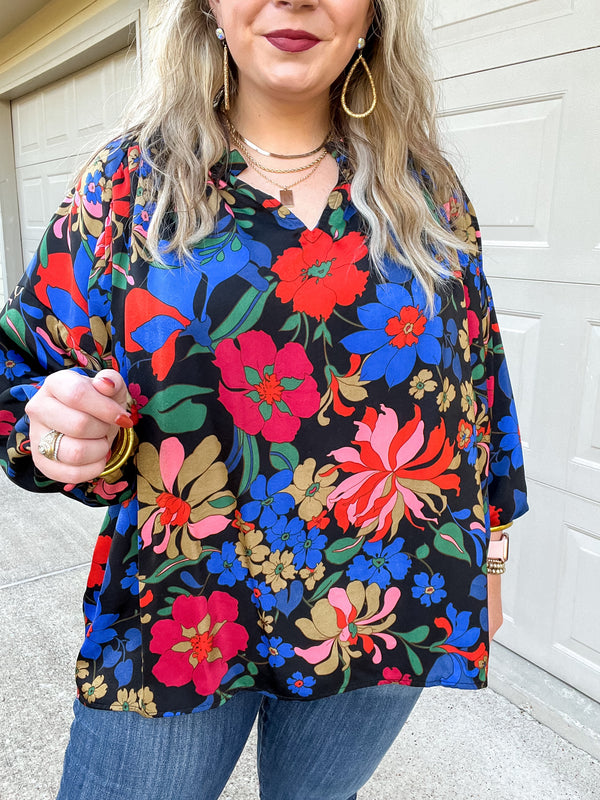 Falling For Floral 3/4 Sleeve Top with Notched Neck in Black