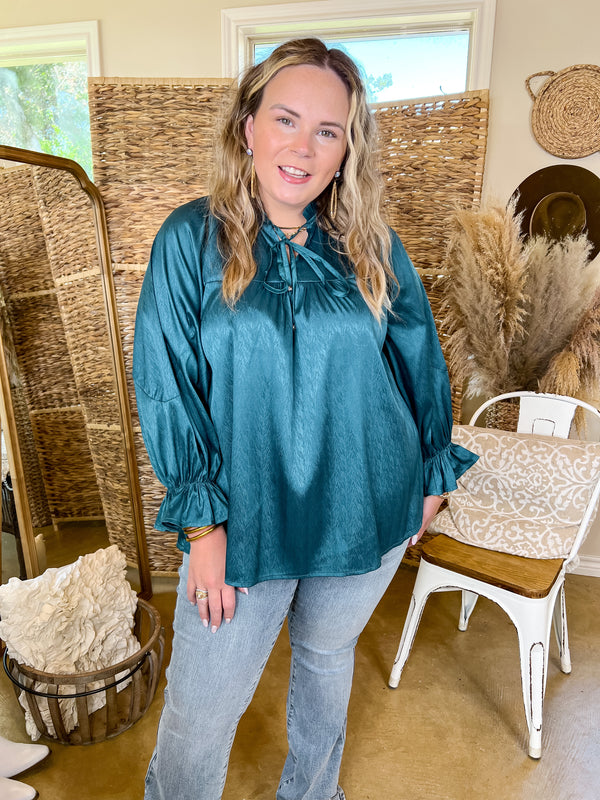 Sunset Situation Front Tie Keyhole Blouse in Teal Blue