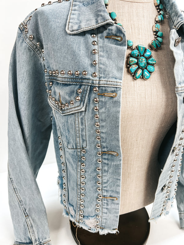 Instantly Impressed Cropped Denim Jacket with Silver Studs in Light Wash