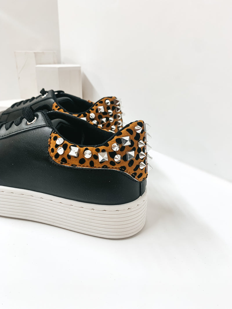 Studded Chic Lace Up Leopard Heel Platform Sneakers in Black