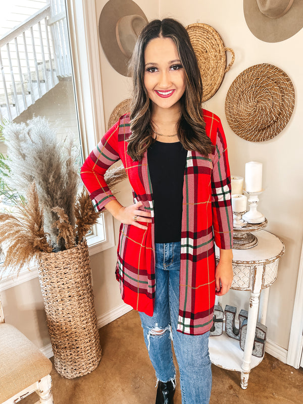 All Eyes On You Plaid Cardigan in Red and Green