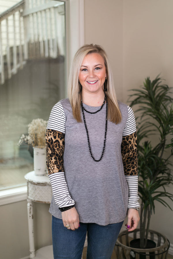 Last Chance Size Medium | Taking It Easy Leopard & Stripe Long Sleeve Top in Heather Grey