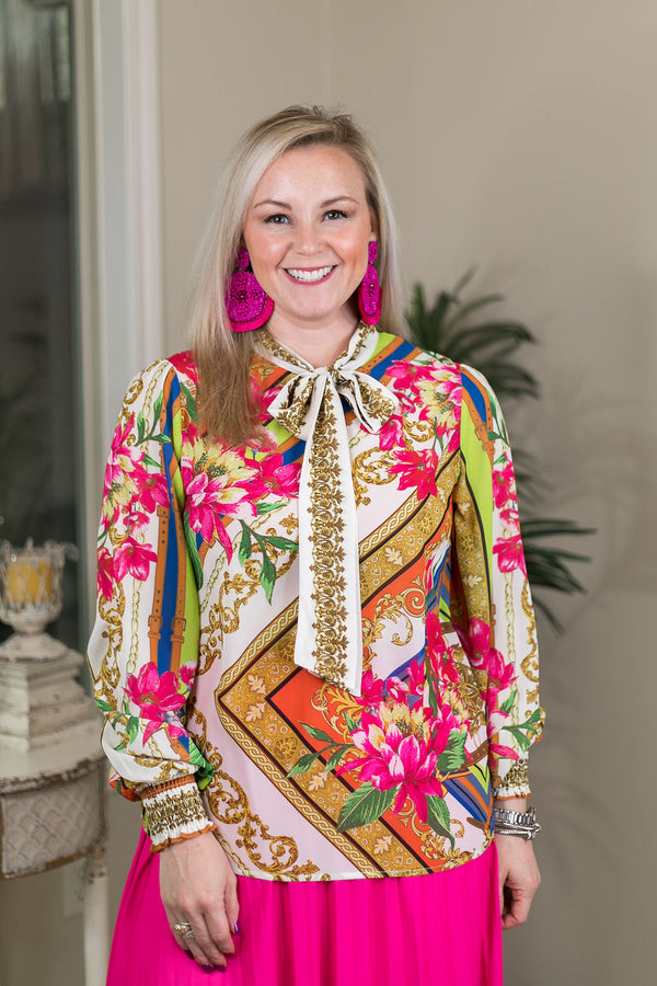 Having Fun Bright Colored Baroque & Floral Print Top with Neck Tie
