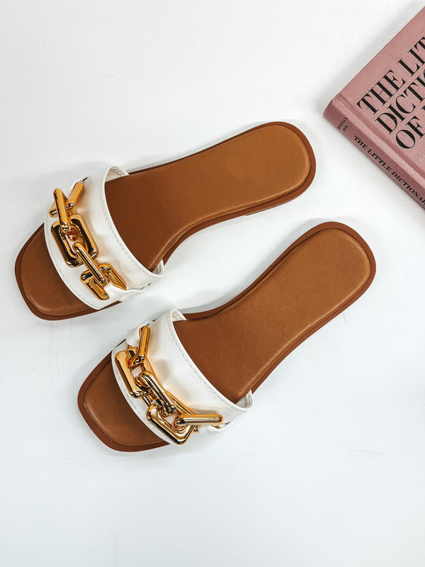 Resort Vibes Slide On Sandals with Gold Chain in White